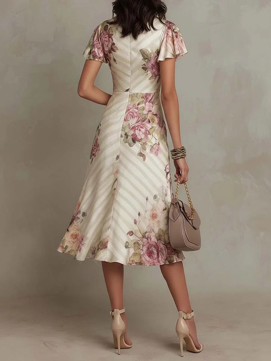 Woman wearing a floral dress with ruched details on a neutral background