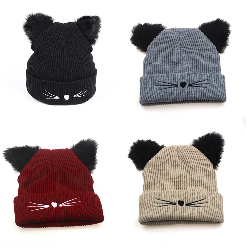 Embroidered Cat Ear Knitted Winter Hats