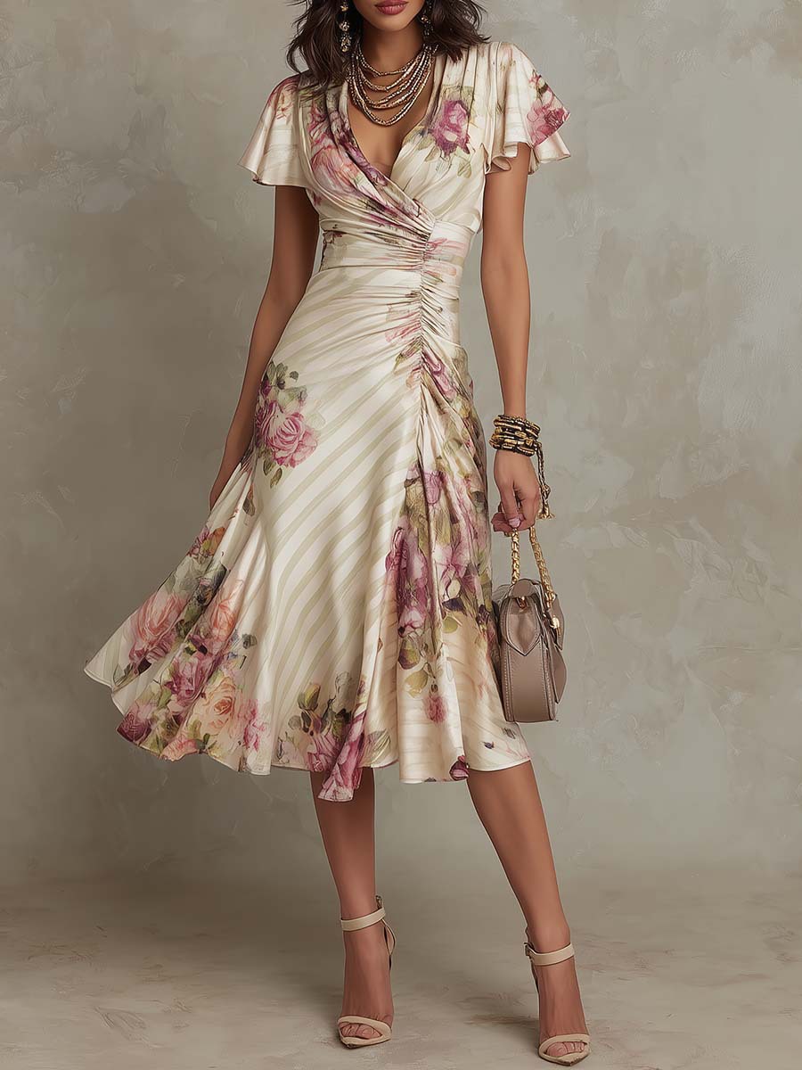 Woman wearing a floral dress with ruched details on a neutral background