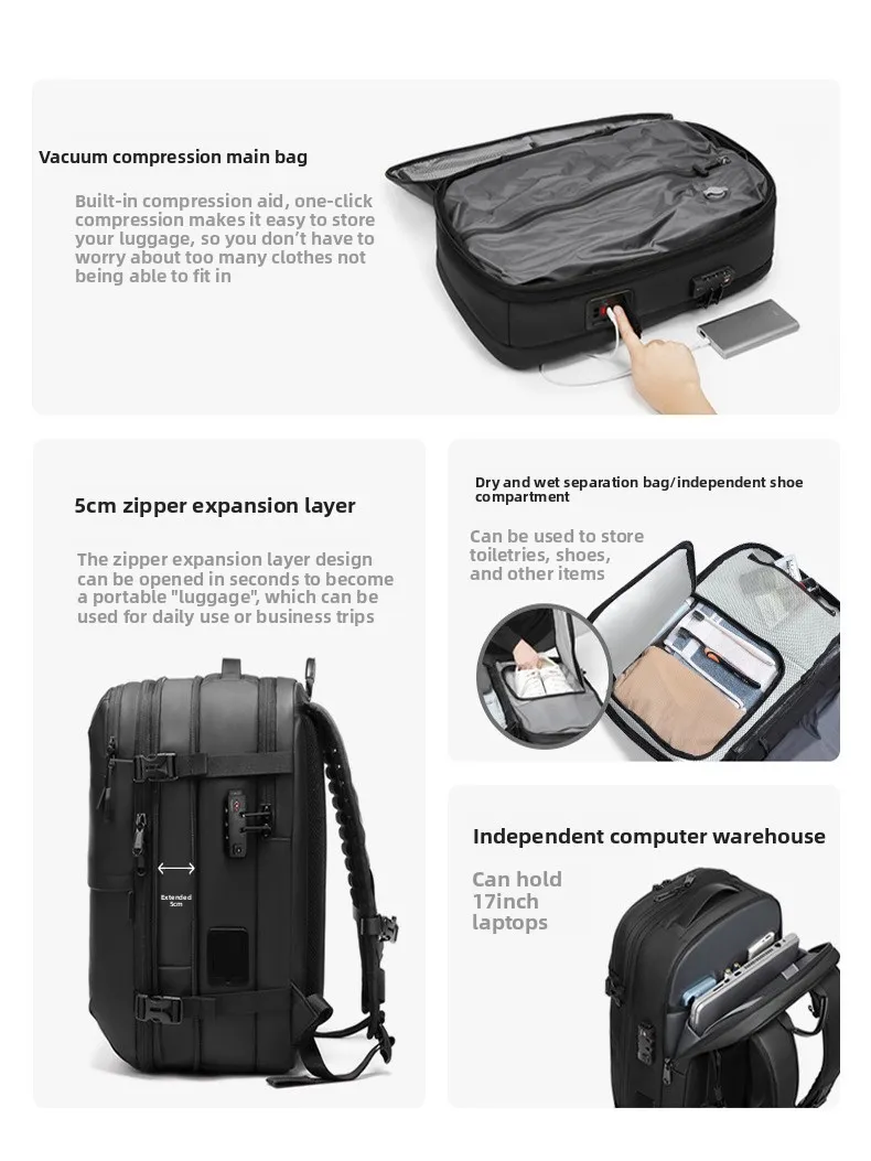 60L Vacuum Compression Travel Backpack with Ergonomic Design