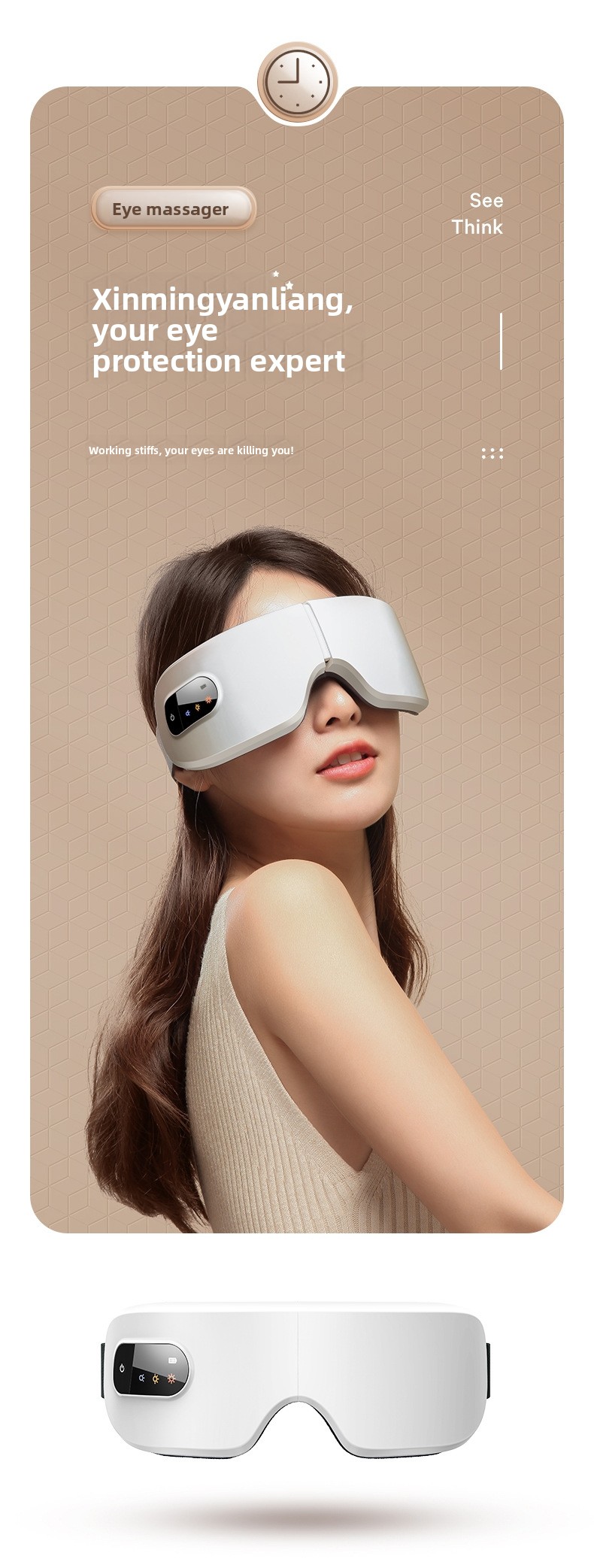 Woman wearing a white smart electric eye massager with heat compression and pressure therapy for digital eye strain relief.