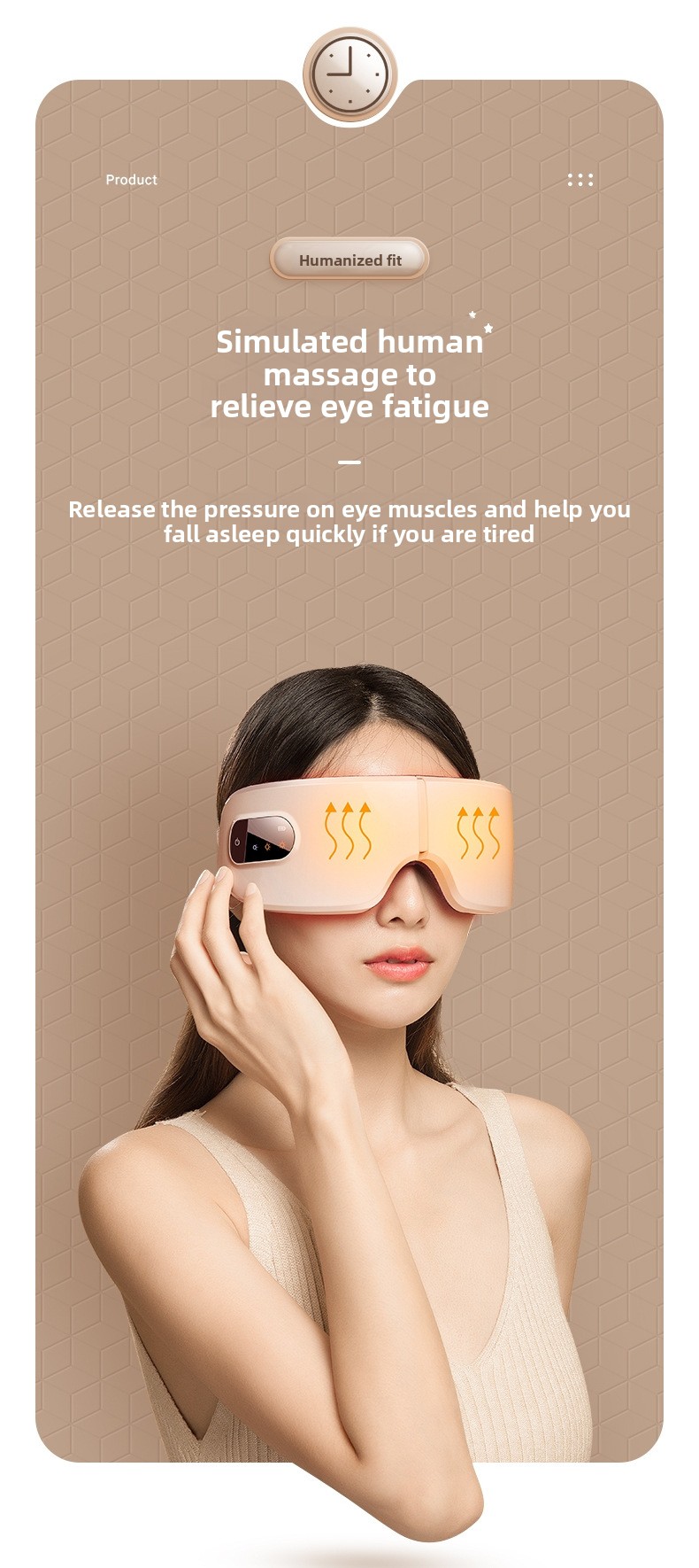 Woman wearing a warm beige smart electric eye massager featuring warm heat compress therapy for eye fatigue and stress relief.