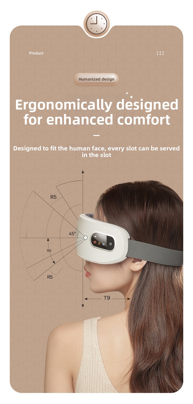 Ergonomic 3D facial contour diagram showing a woman wearing a white smart eye massager with a 45-degree angle fit.