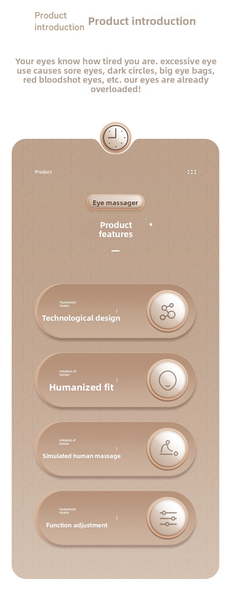 Infographic detailing smart eye massager features for relieving eye strain, sore eyes, dark circles, and eye fatigue.