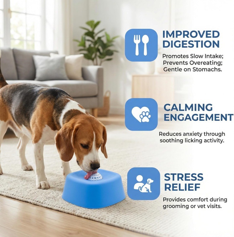 Slow feed dog bowl large interactive licking bowl rolling ball blue white