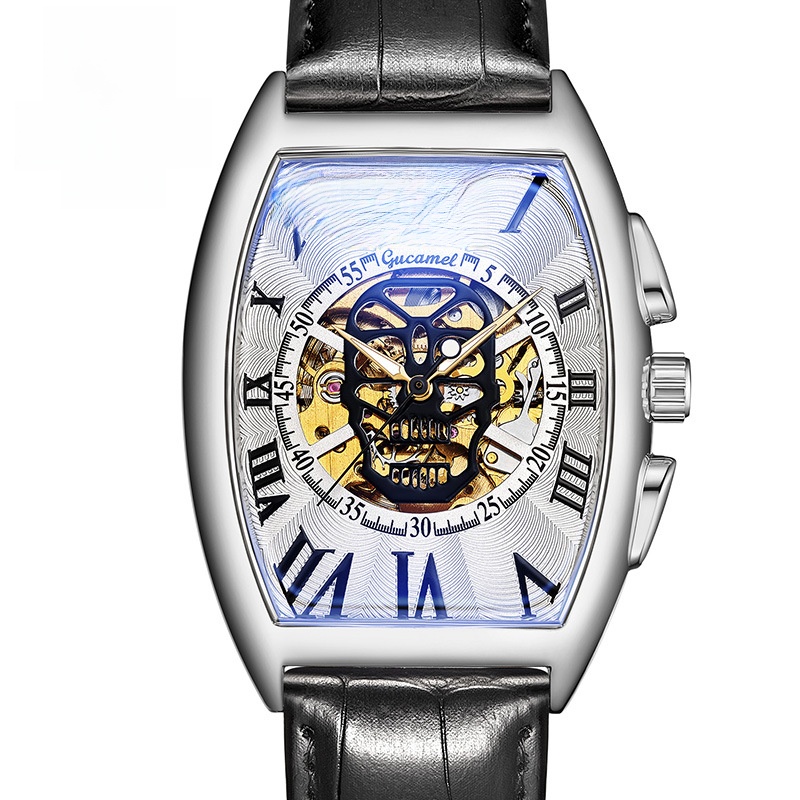 Automatic Skeleton Skull Watch Men’s Mechanical Barrel Case Leather Strap