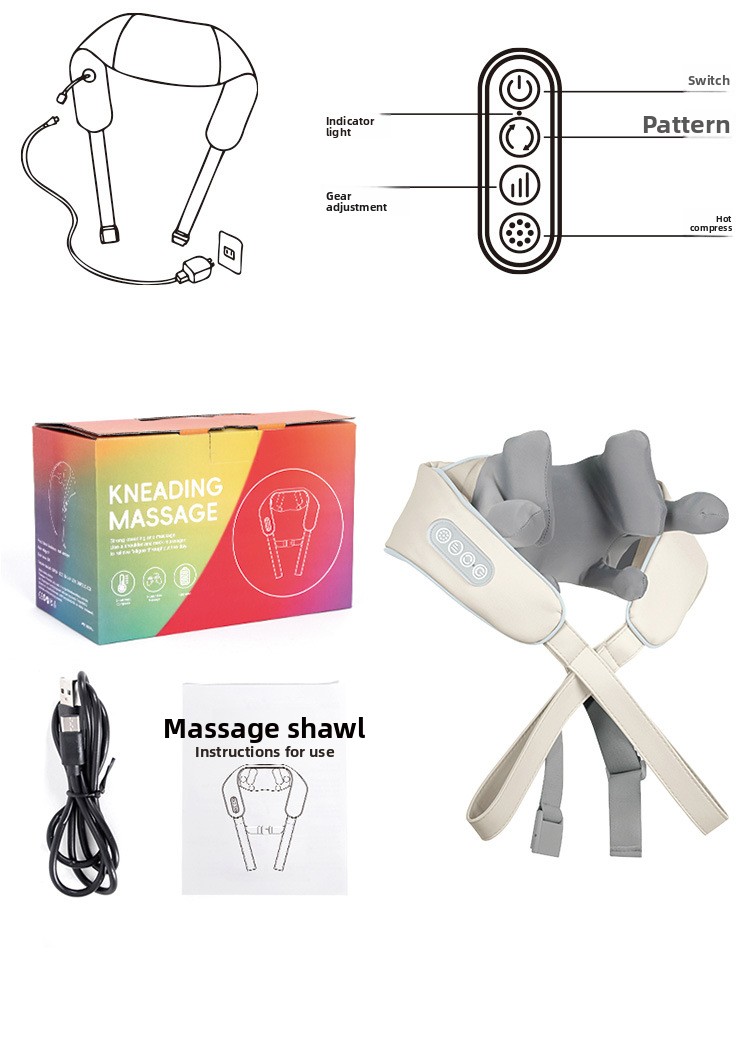 Complete package contents for heated shiatsu neck and shoulder massager including main unit, USB charging cable, user manual, and control panel diagram.