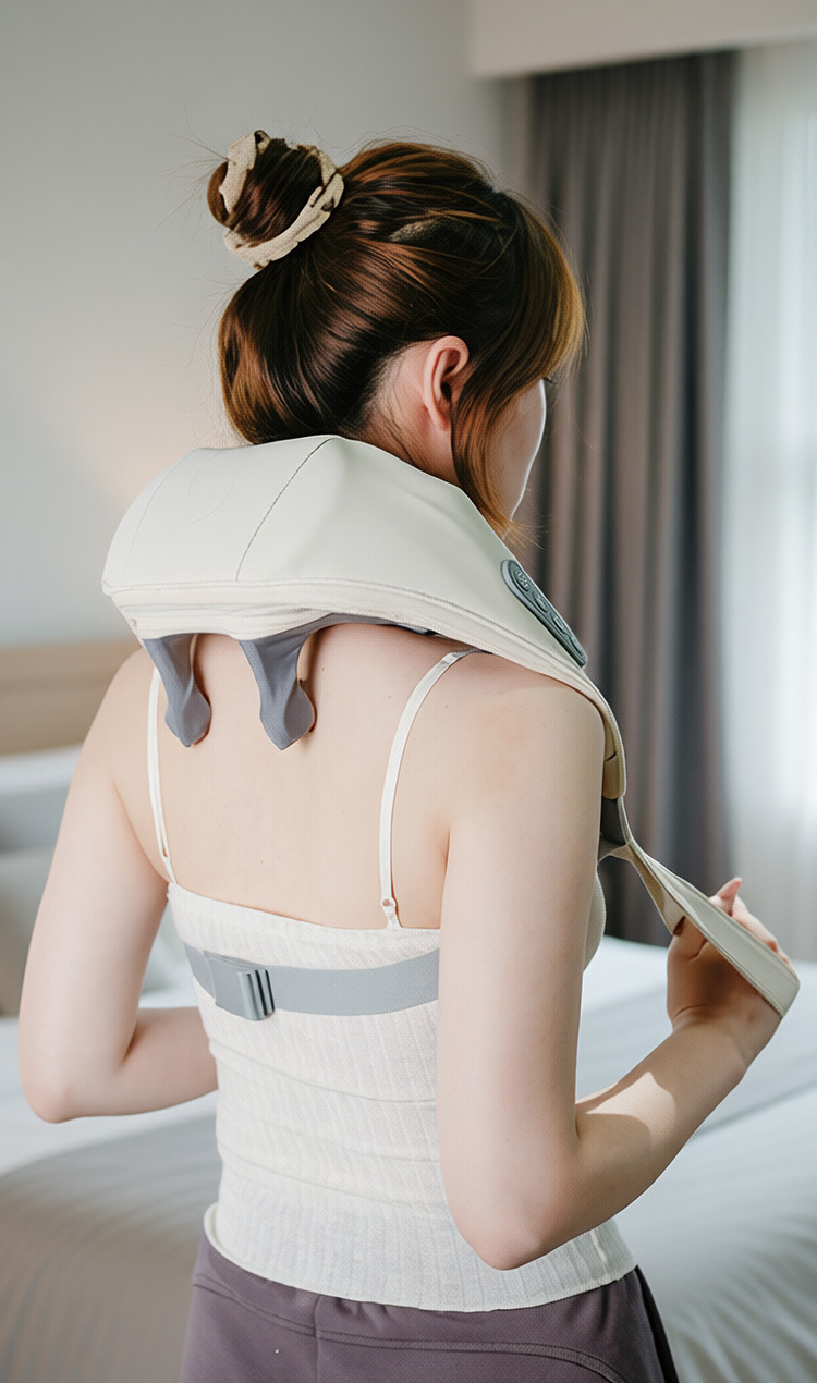 Woman wearing a cream hands-free deep tissue neck massager with back buckle strap targeting upper back and trapezius muscles.
