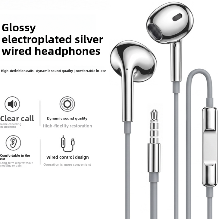 Electroplated Silver Wired In-Ear Headphones with Mic Hi-Fi Stereo Earbuds