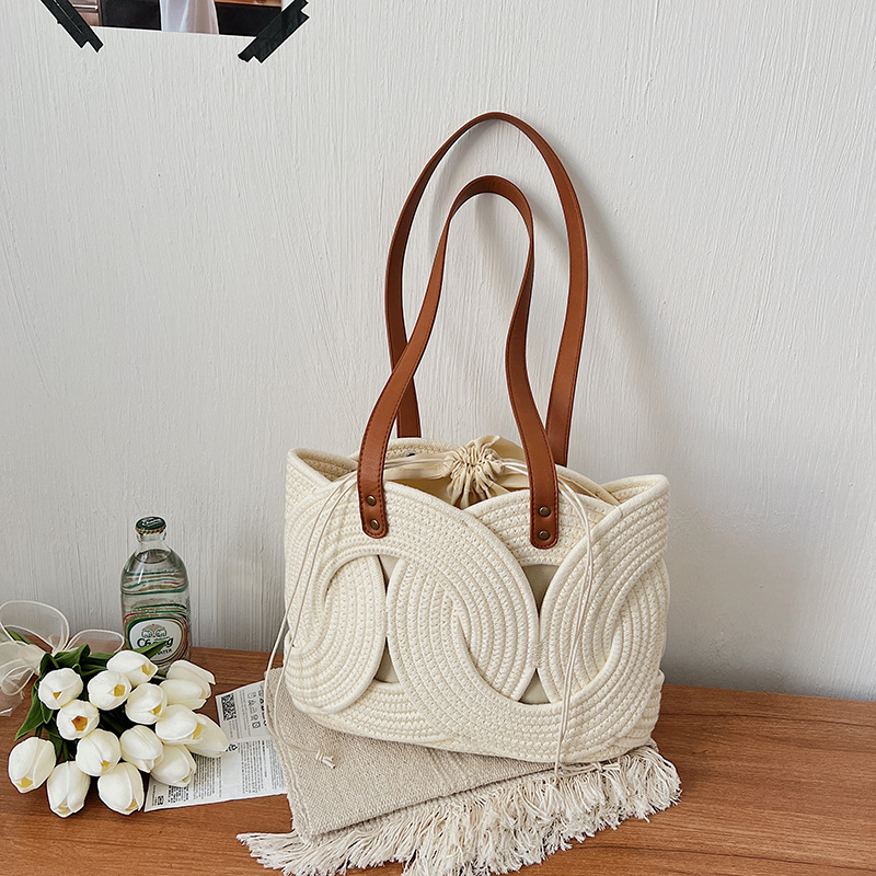 Hand-Woven Hollow Ring Shoulder Bag – Vintage Style Woven Tote with Leather Stra