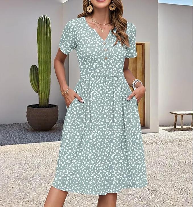 Floral Print V-Neck Summer Dress Elastic Waist A-Line Breathable