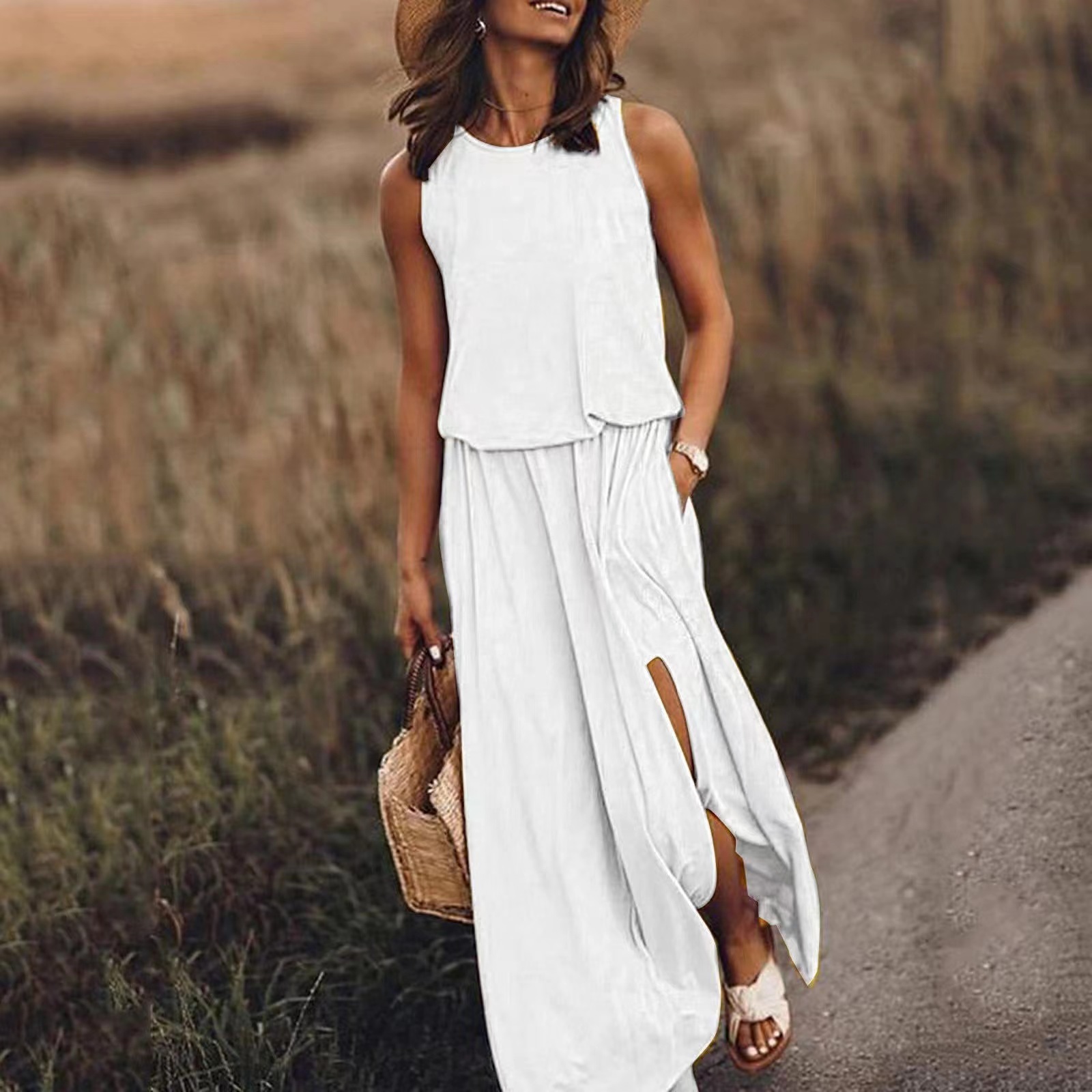Sleeveless Lantern Split Long Dress Round Neck Modal Blend Solid