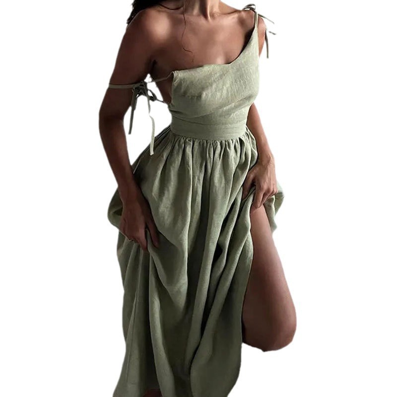 Elegant Backless Spaghetti Strap Dress V-Neck High-Waist Cotton