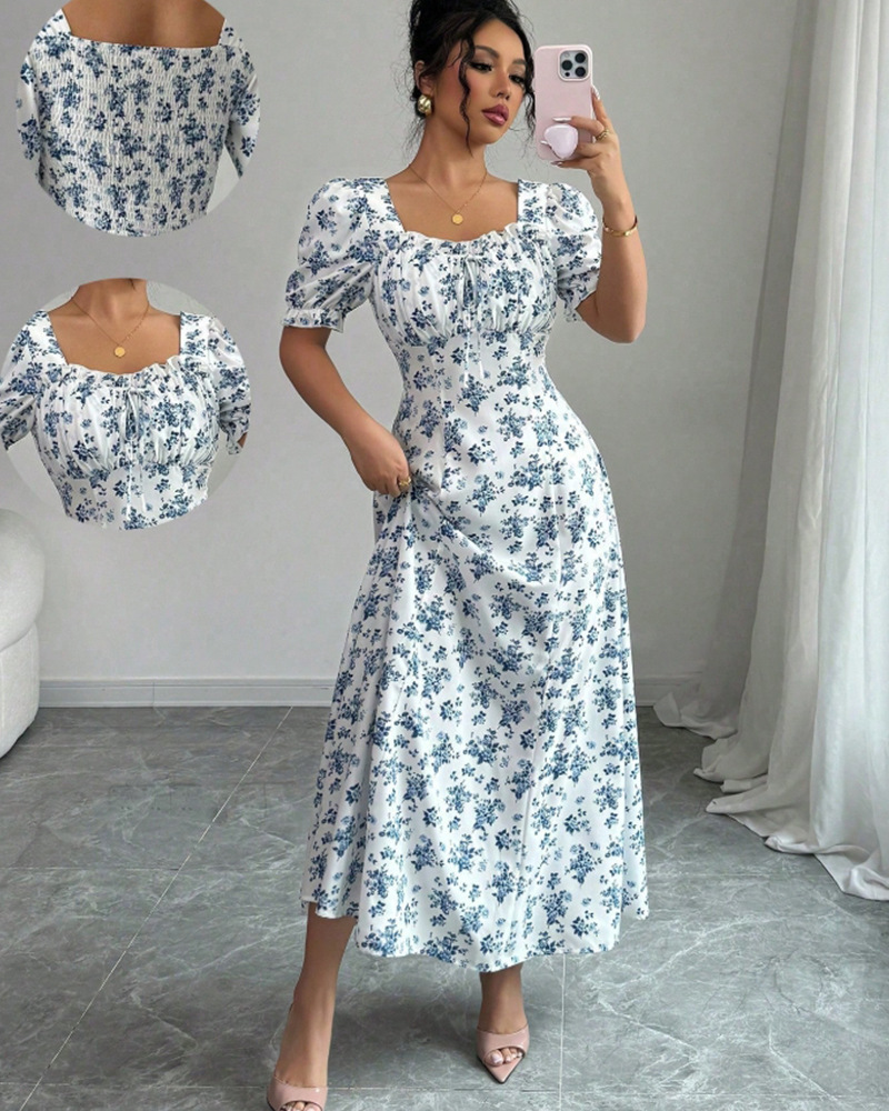 Elegant Ruffle Hem Short Sleeve Dress Puff Sleeve Floral Print