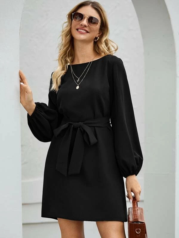 Womens Solid Color Knitted Mid-Length Dress Slimming A-Line Versatile