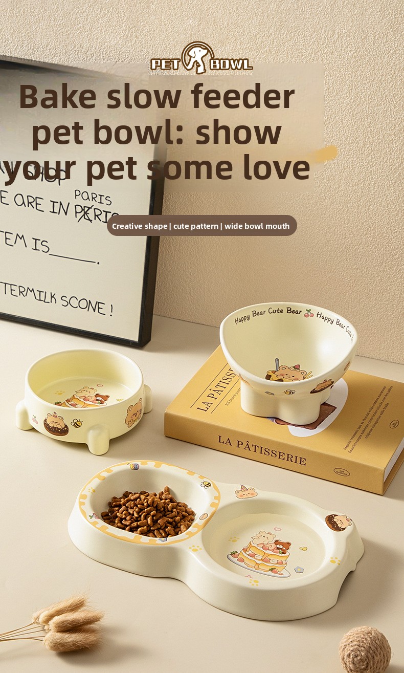 Elevated ceramic dog bowl anti-tip slow feed slanted design