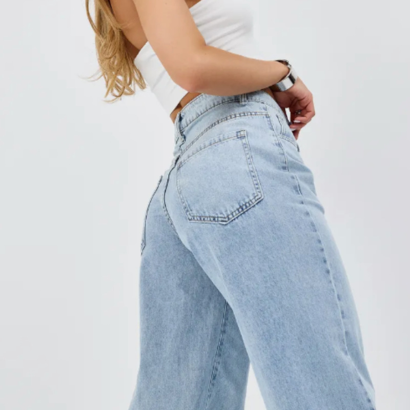 Light wash wide leg jeans fit detail