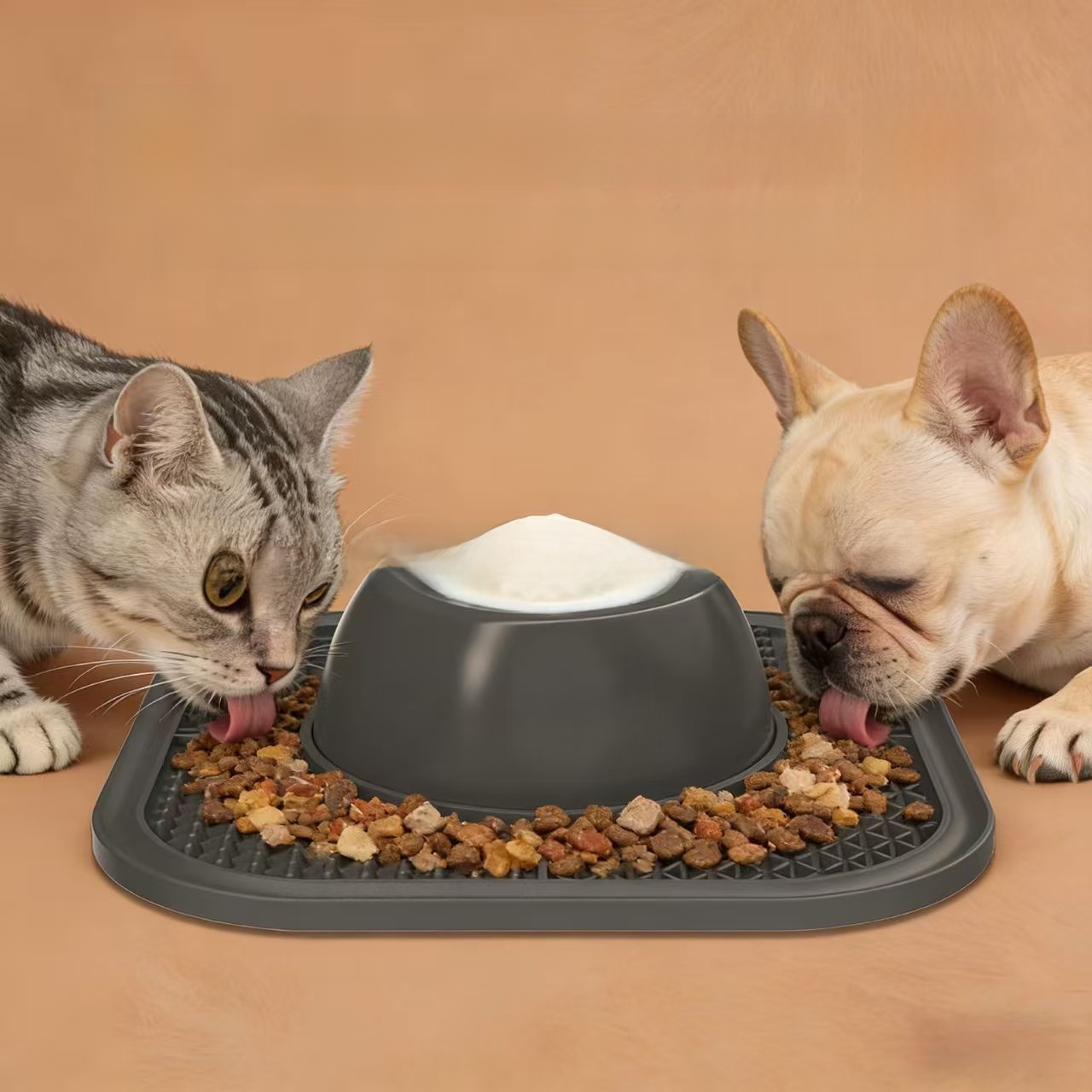 Slow feed dog bowl with interactive licking ball silicone non-slip grey