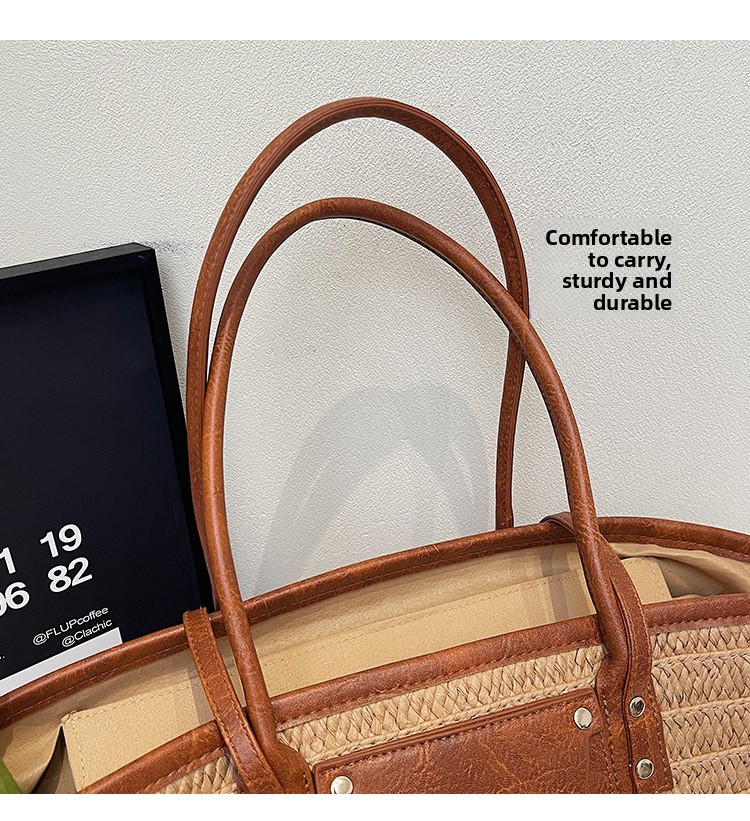 Straw woven bag with tote handles and dual straps