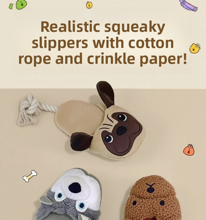 Realistic plush squeaker dog toy puppy slipper pug design
