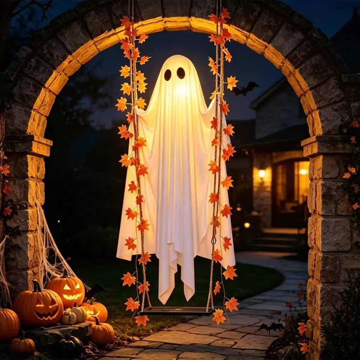 Halloween Hanging Ghost LED Decoration with Maple Leaves - Fabric - product details
