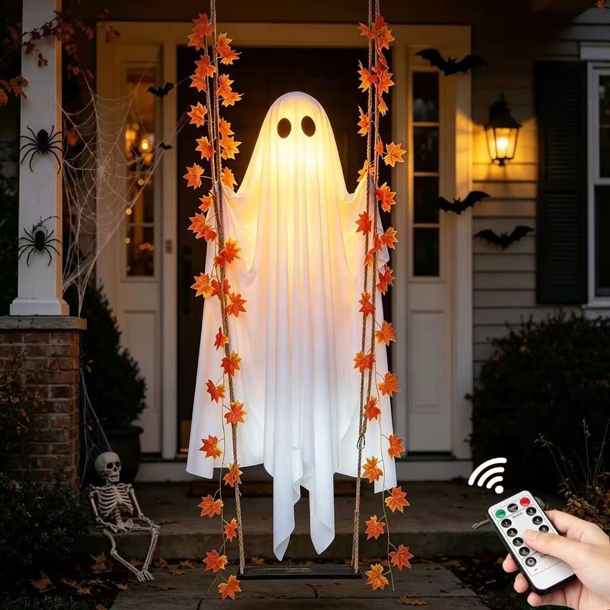 Halloween Hanging Ghost LED Decoration with Maple Leaves - Fabric - product details