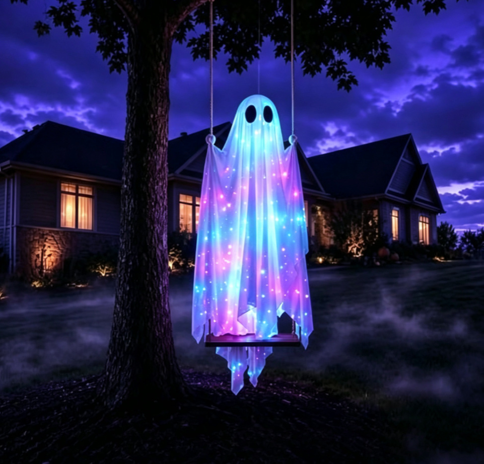 Halloween Hanging Ghost LED Decoration with Maple Leaves - Fabric - product details