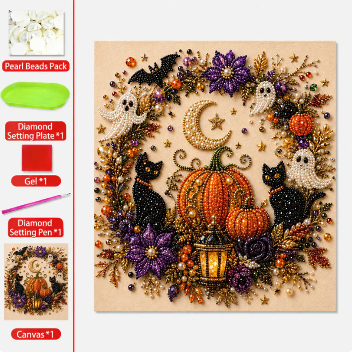 Halloween Black Cat and Moon Diamond Art Earrings - product details