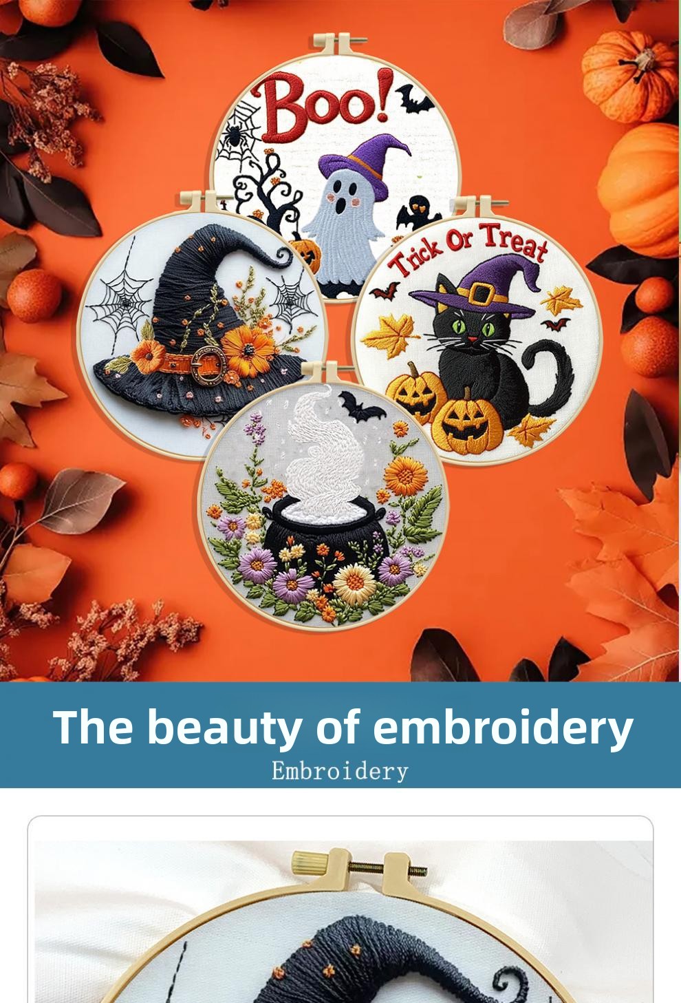 Halloween Cross Stitch Embroidery Kit with Hoop - product details