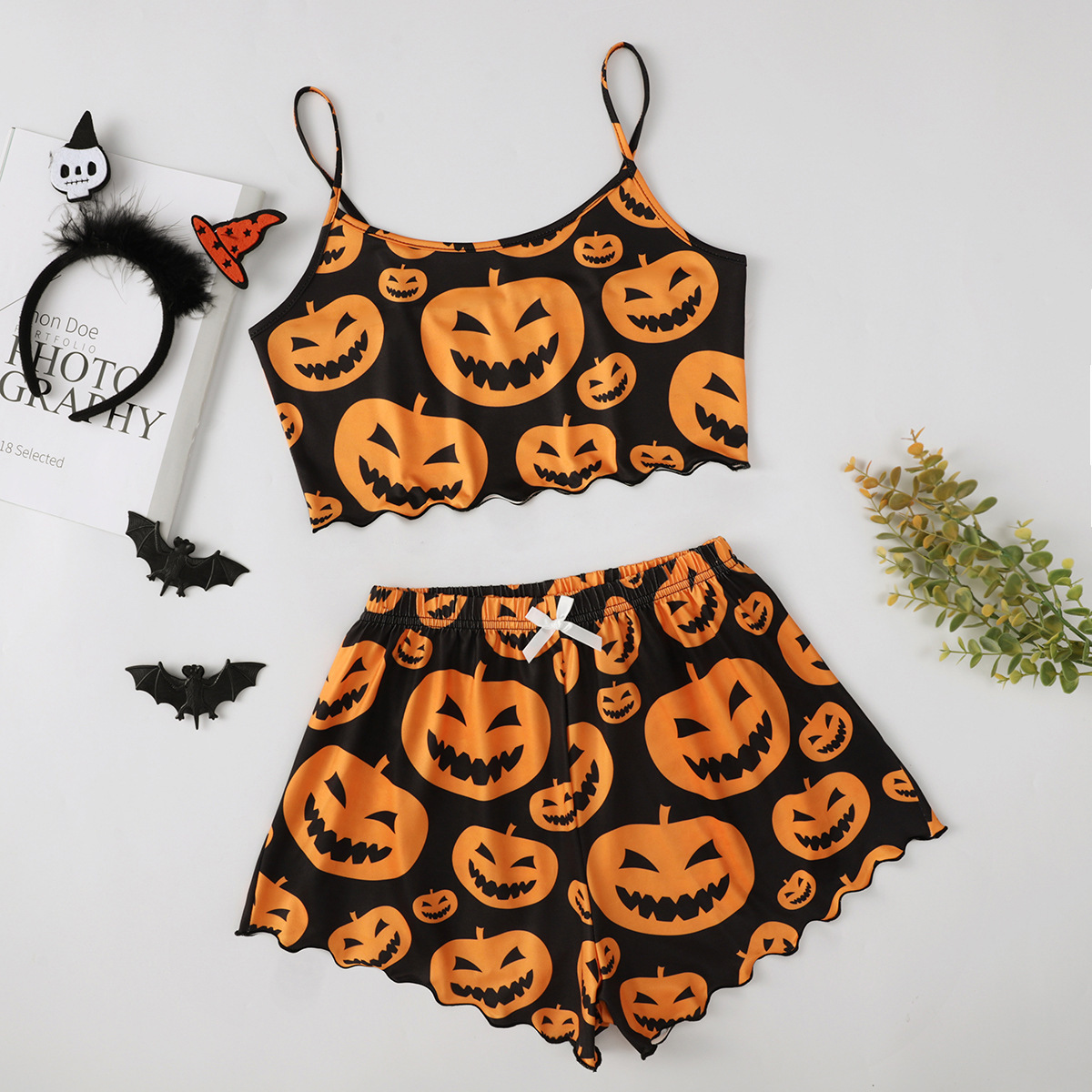Halloween Pumpkin Print Sleeveless Pajama Set - product details