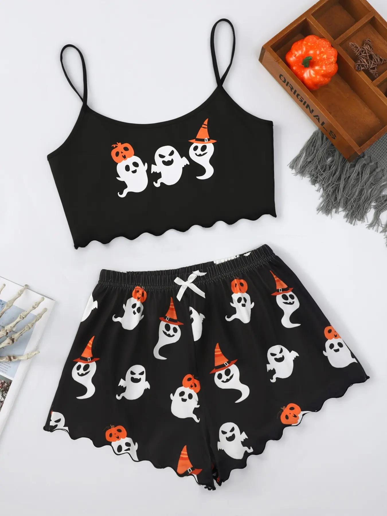 Halloween Pumpkin Print Sleeveless Pajama Set - product details