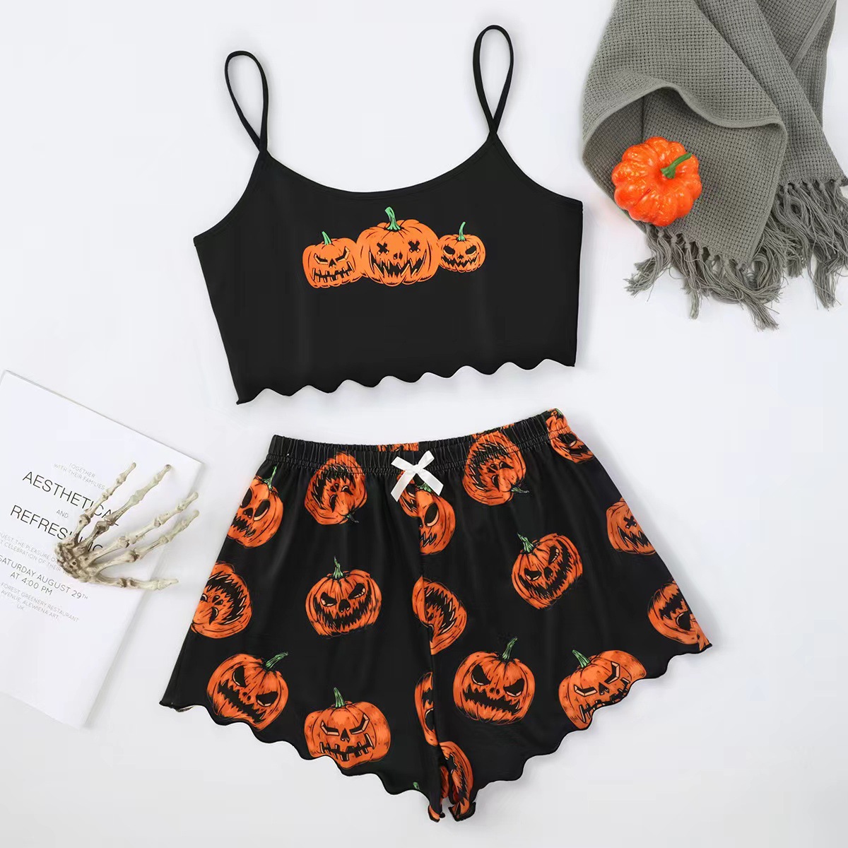 Halloween Pumpkin Print Sleeveless Pajama Set - product details