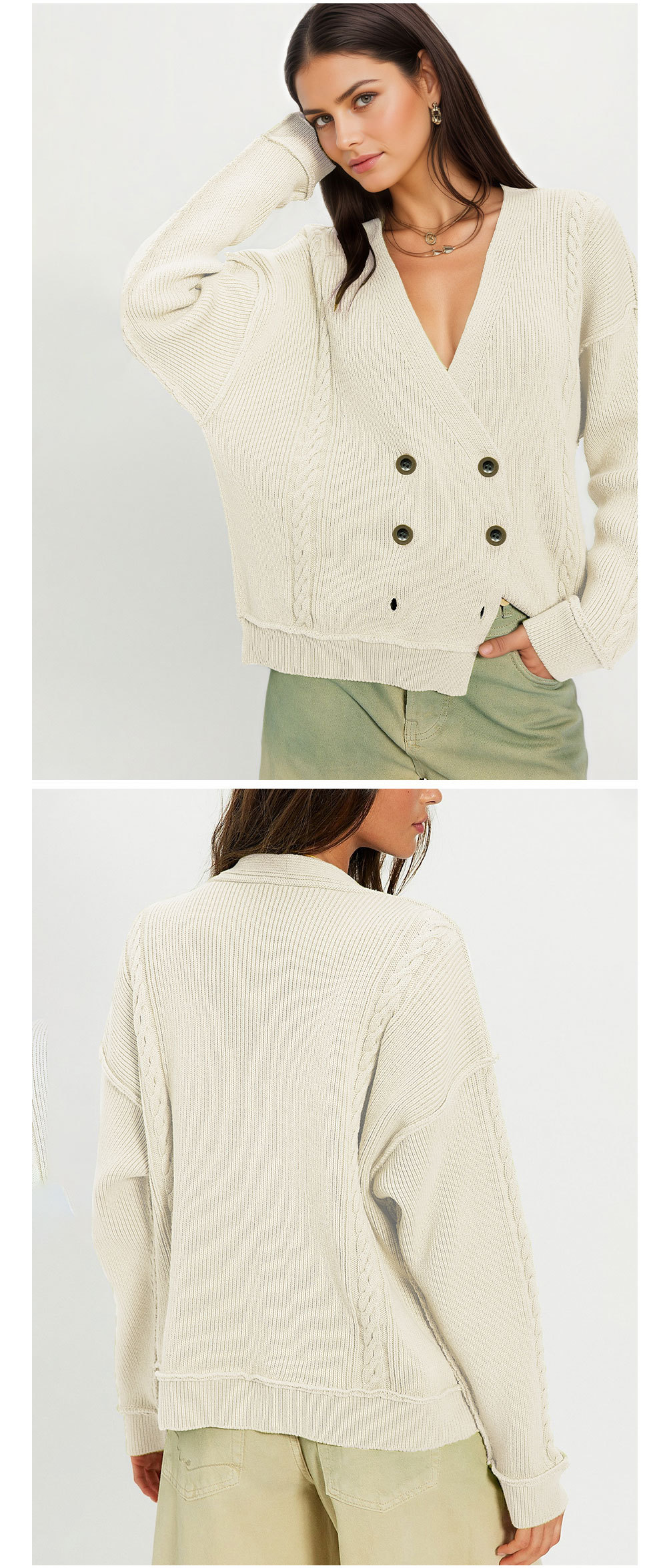 Women's V-neck knit cardigan details