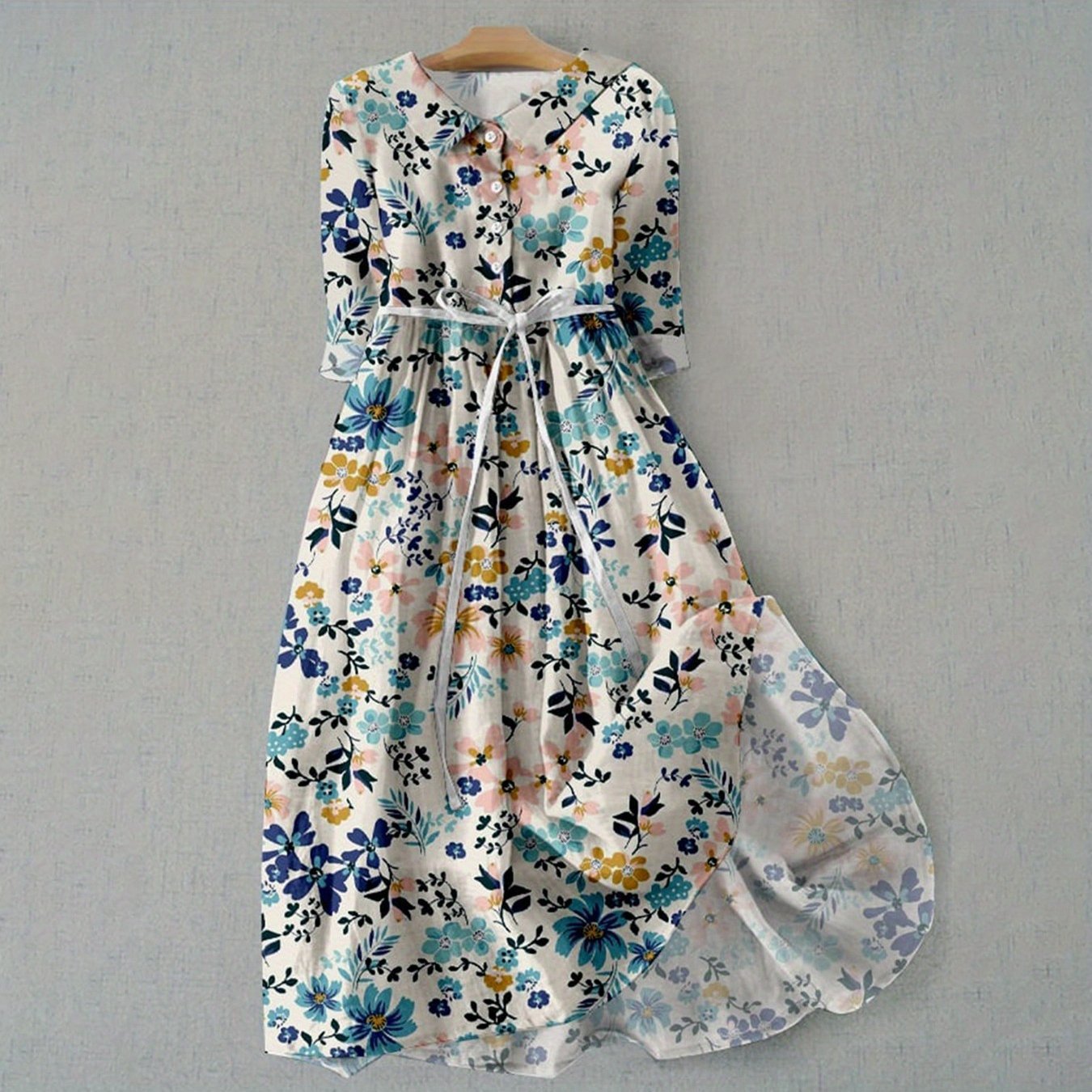 High-waist button-collar midi dress with 3D print