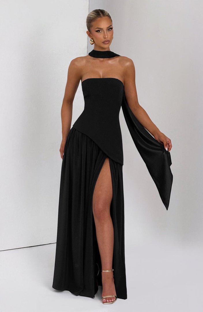 Backless tube-top milk silk dress with high slit