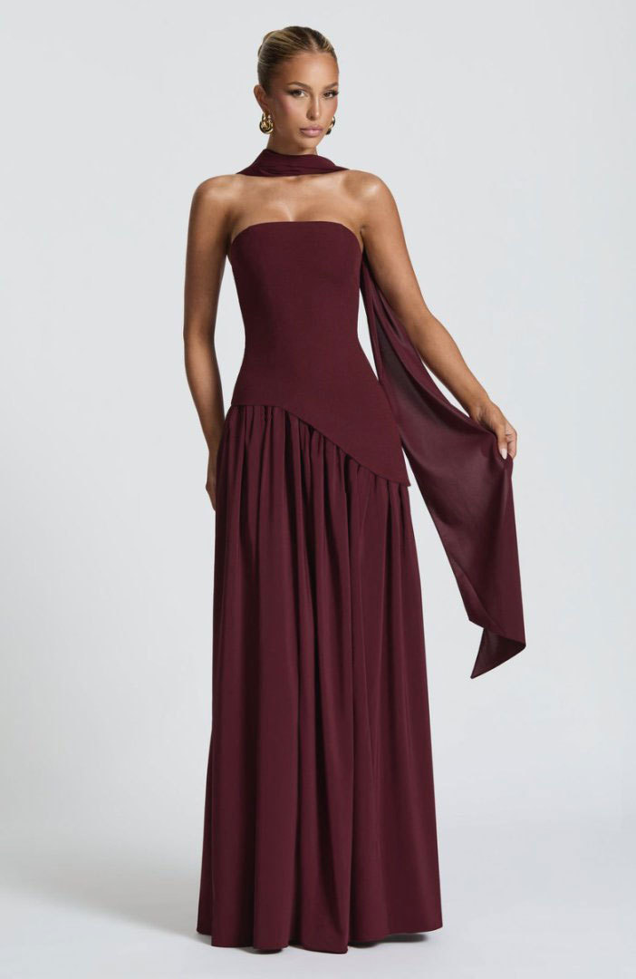 Backless tube-top milk silk dress with high slit