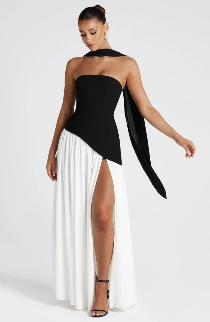 Backless tube-top milk silk dress with high slit