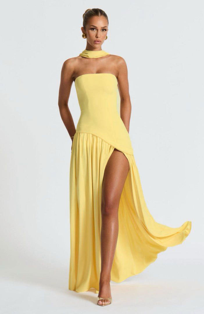 Backless tube-top milk silk dress with high slit