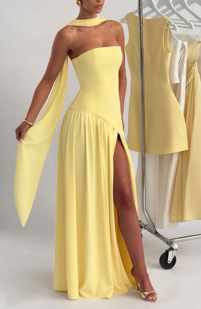 Backless tube-top milk silk dress with high slit
