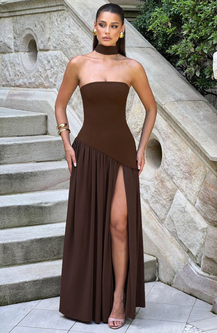 Backless tube-top milk silk dress with high slit