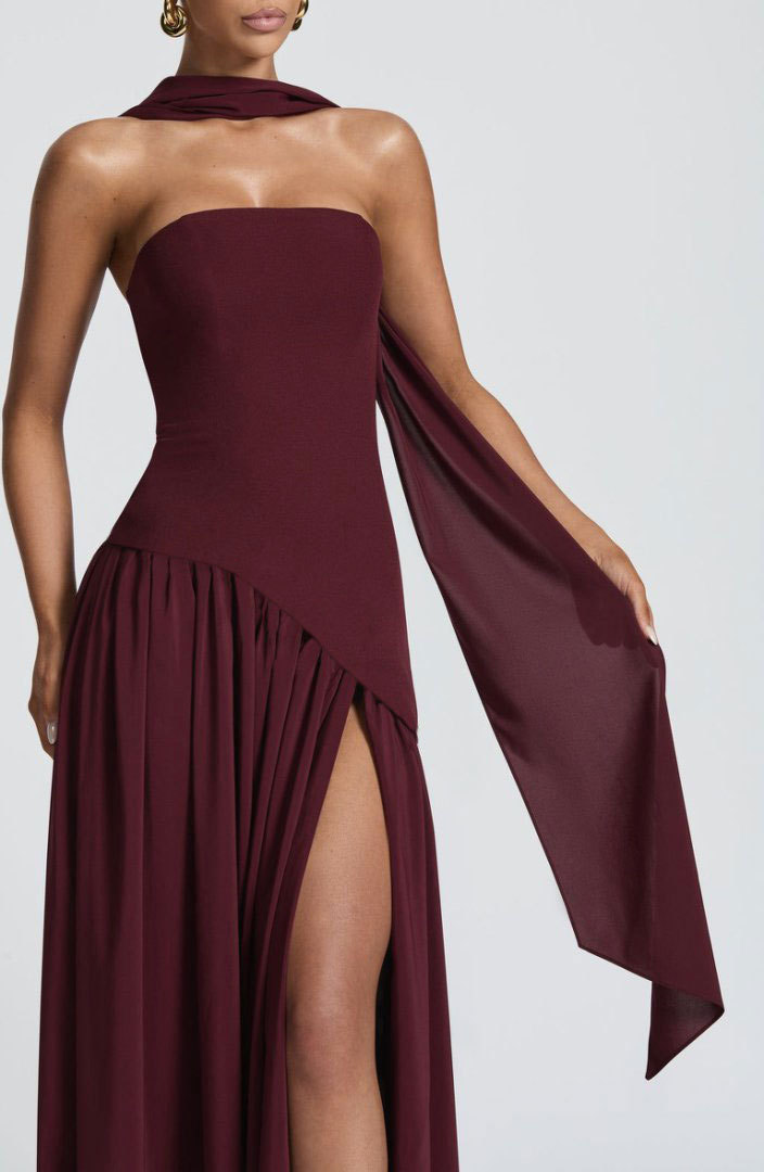 Backless tube-top milk silk dress with high slit