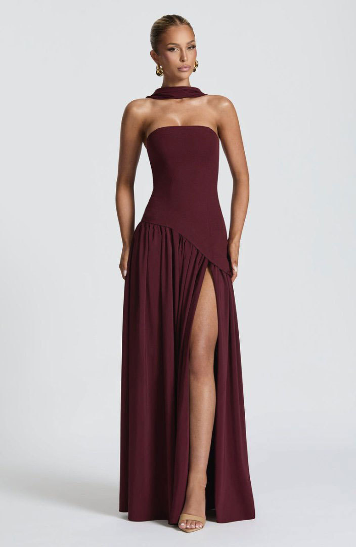 Backless tube-top milk silk dress with high slit