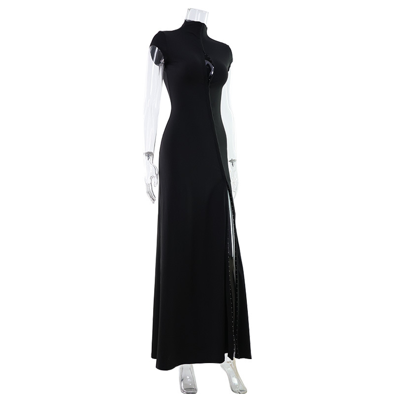 Black stand-collar cutout floor-length dress with high slit