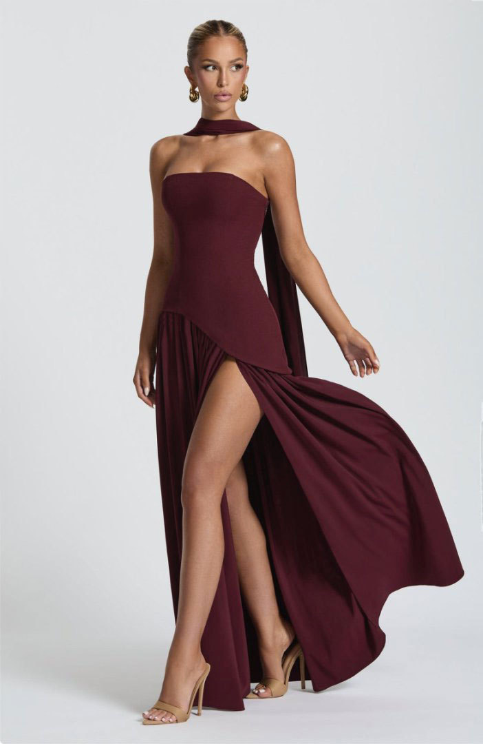Backless tube-top milk silk dress with high slit