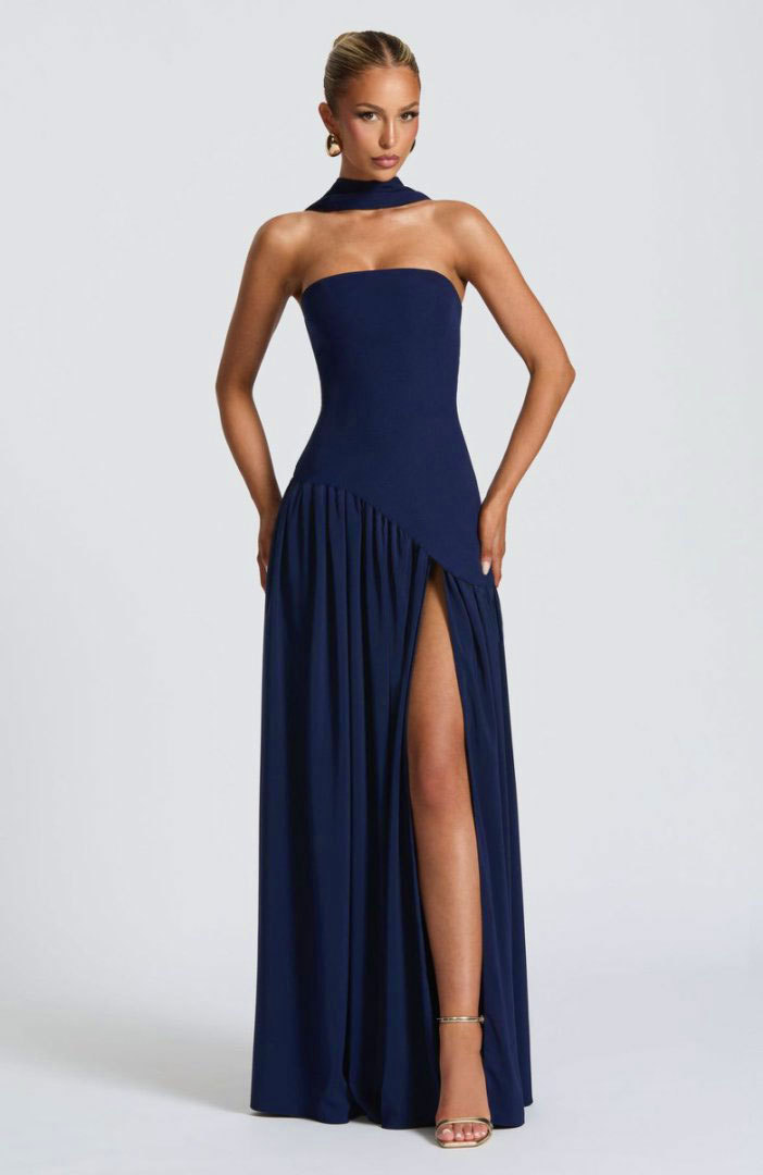 Backless tube-top milk silk dress with high slit