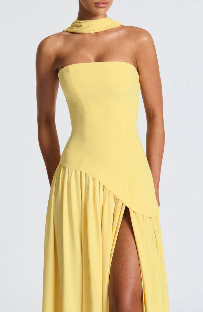 Backless tube-top milk silk dress with high slit