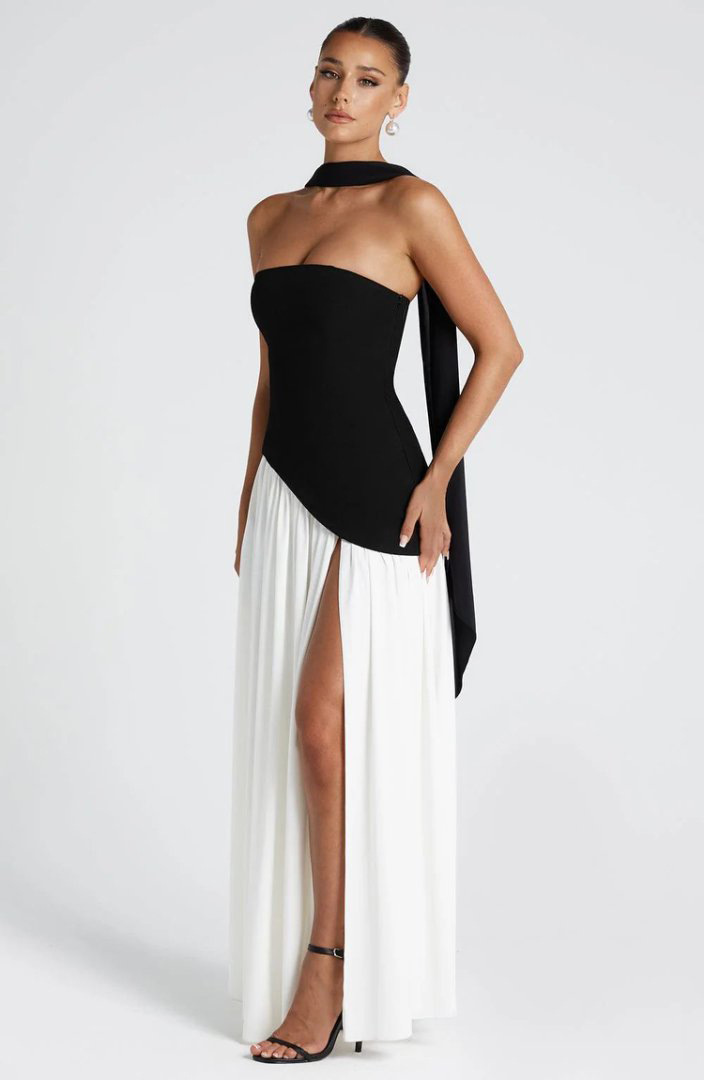 Backless tube-top milk silk dress with high slit
