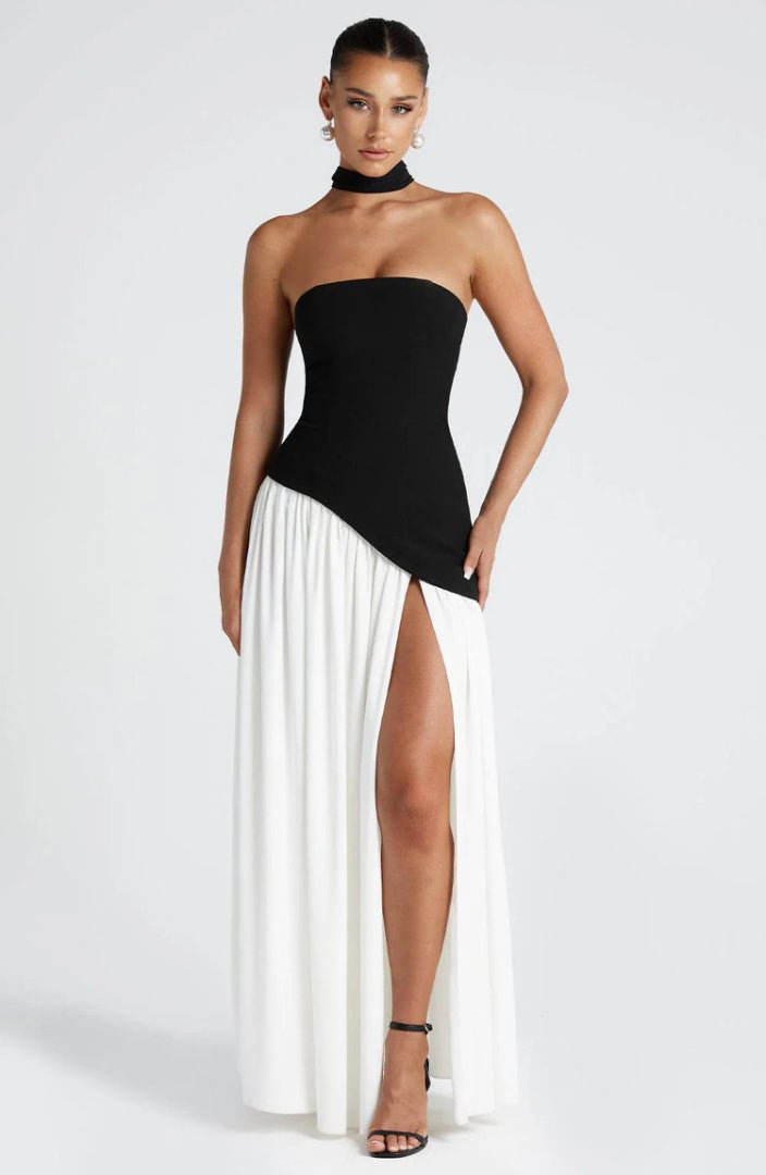 Backless tube-top milk silk dress with high slit
