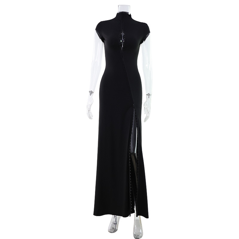 Black stand-collar cutout floor-length dress with high slit
