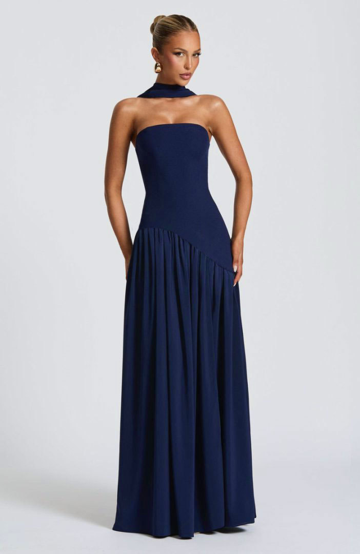 Backless tube-top milk silk dress with high slit